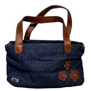 VTG L.e.i. Purse Denim Y2K Shoulder Bag Leather Strap Patch Flower Embroidered